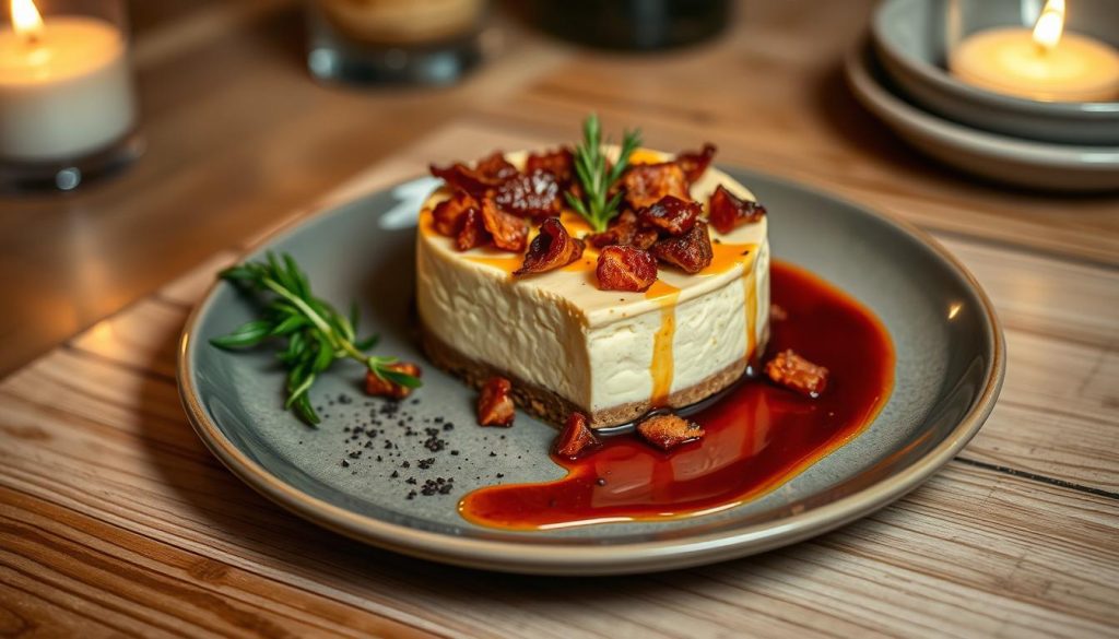 Carnivore cheesecake plated with garnishes